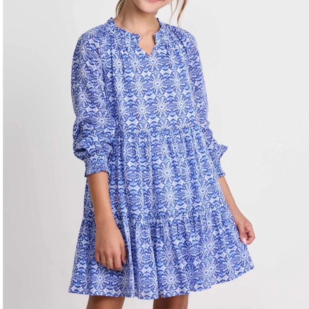 NWT Vineyard Vines Girl's Tessa Tiered Dress Size Large(16) Carribean Tile Blue